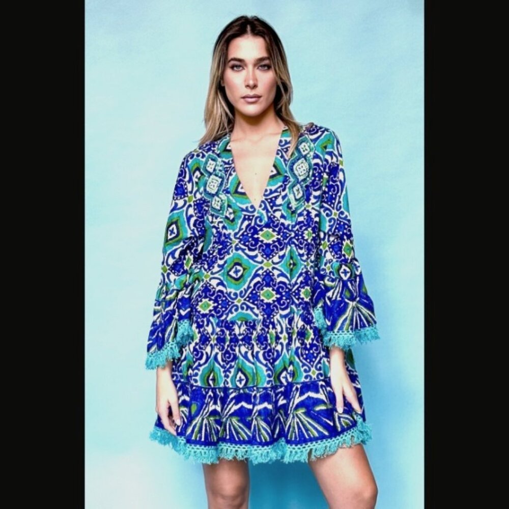 Antica Sartoria Blue Print Beaded Applique Dress one size Italy NWT   /B21